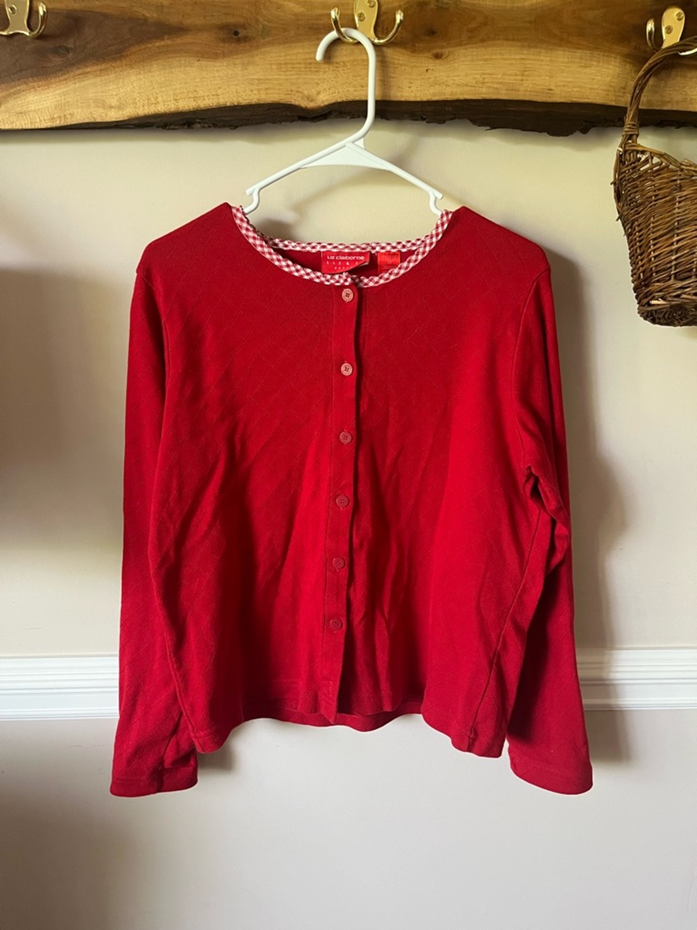 Vintage Liz Claiborne Gingham Scallop Edge Cotton Cardigan Sweater MP M